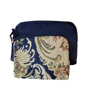NWOT Vintage Tapestry and Navy Blue Satin Make Up Cosmetic Bags Set of Two